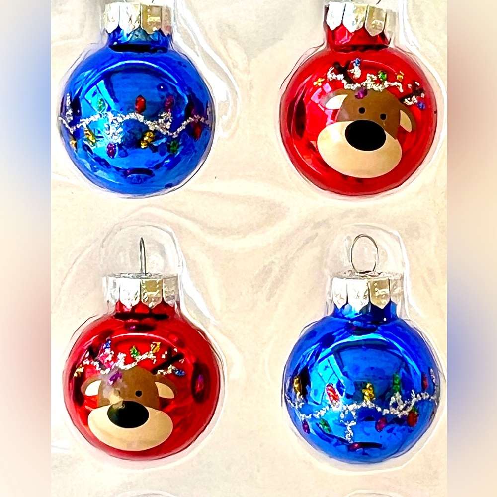 20 Mini Glass Christmas Ball Ornaments Reindeer & Holiday Lights On Antlers